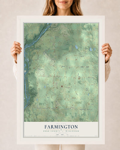 Map of Farmington, Polk County, Wisconsin, 24 x 36 inch print in a white wood frame