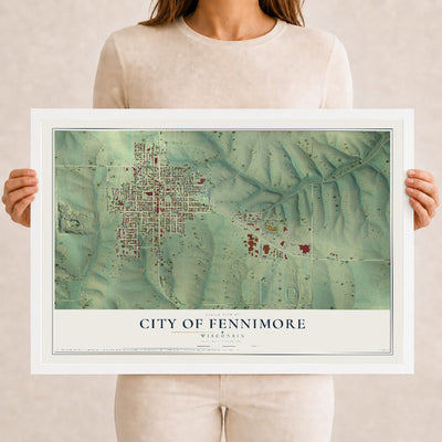 Map of Fennimore, Wisconsin, 12 x 18 inch print in a white wood frame