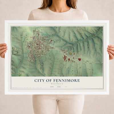 Map of Fennimore, Wisconsin, 18 x 24 inch print in a white wood frame