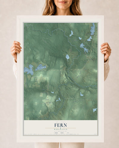 Map of Fern, Wisconsin, 24 x 36 inch print in a white wood frame