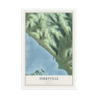 Map of Ferryville, Wisconsin, 12 x 18 inch print in a white wood frame