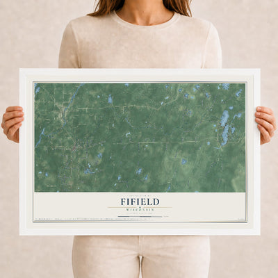 Map of Fifield, Wisconsin, 12 x 18 inch print in a white wood frame
