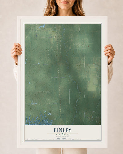 Map of Finley, Wisconsin, 24 x 36 inch print in a white wood frame