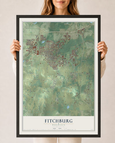 Map of Fitchburg, Wisconsin, 24 x 36 inch print in a black wood frame