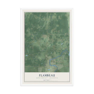 Map of Flambeau, Rusk County, Wisconsin, 12 x 18 inch print in a white wood frame