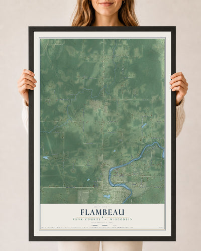 Map of Flambeau, Rusk County, Wisconsin, 24 x 36 inch print in a black wood frame