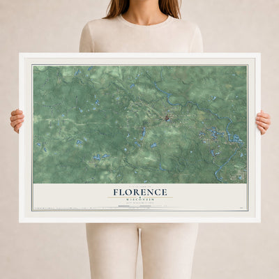 Map of Florence, Wisconsin, 24 x 36 inch print in a white wood frame