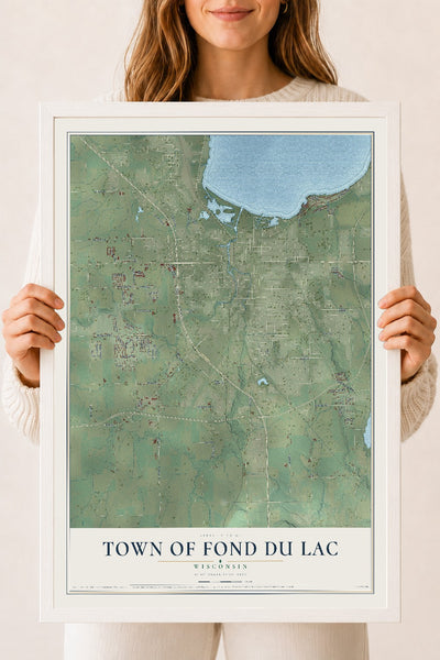 Map of the Town of Fond du Lac, Wisconsin, 18 x 24 inch print in a white wood frame