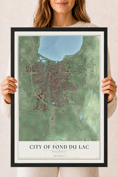 Map of Fond du Lac, Wisconsin, 18 x 24 inch print in a black wood frame