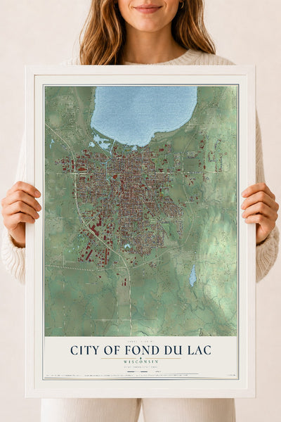 Map of Fond du Lac, Wisconsin, 18 x 24 inch print in a white wood frame