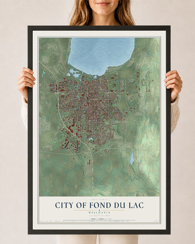 Map of Fond du Lac, Wisconsin, 24 x 36 inch print in a black wood frame
