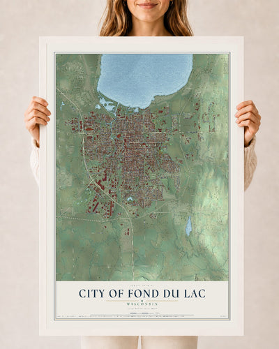 Map of Fond du Lac, Wisconsin, 24 x 36 inch print in a white wood frame