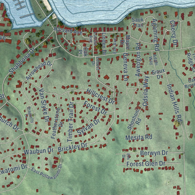 Close-up of the map of Fontana-on-Geneva Lake, Wisconsin print showing street and building detail