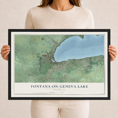 Map of Fontana-on-Geneva Lake, Wisconsin, 12 x 18 inch print in a black wood frame