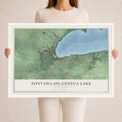 Map of Fontana-on-Geneva Lake, Wisconsin, 24 x 36 inch print in a white wood frame