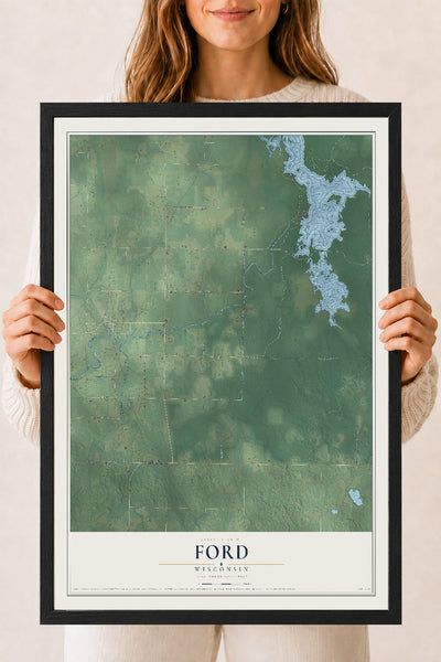 Map of Ford, Wisconsin, 18 x 24 inch print in a black wood frame