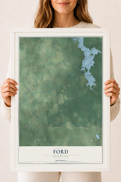 Map of Ford, Wisconsin, 18 x 24 inch print in a white wood frame