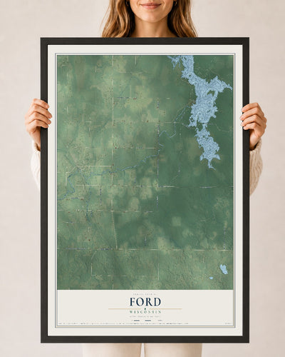Map of Ford, Wisconsin, 24 x 36 inch print in a black wood frame