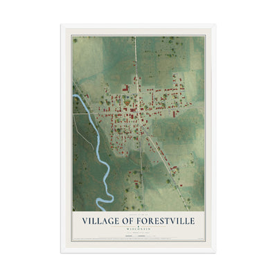 Map of Forestville, Wisconsin, 12 x 18 inch print in a white wood frame