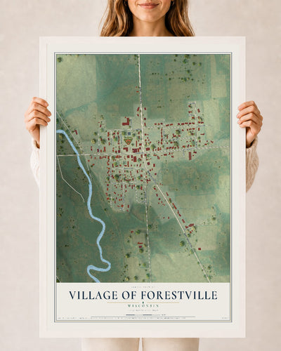 Map of Forestville, Wisconsin, 24 x 36 inch print in a white wood frame