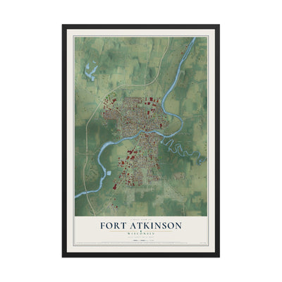 Map of Fort Atkinson, Wisconsin, 12 x 18 inch print in a black wood frame