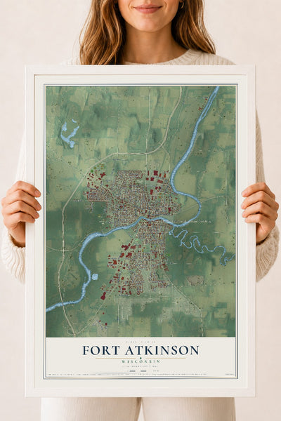 Map of Fort Atkinson, Wisconsin, 18 x 24 inch print in a white wood frame