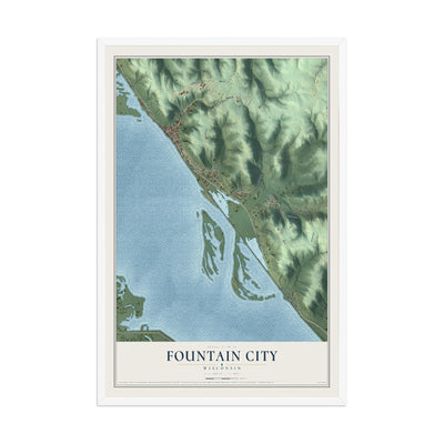 Map of Fountain City, Wisconsin, 12 x 18 inch print in a white wood frame