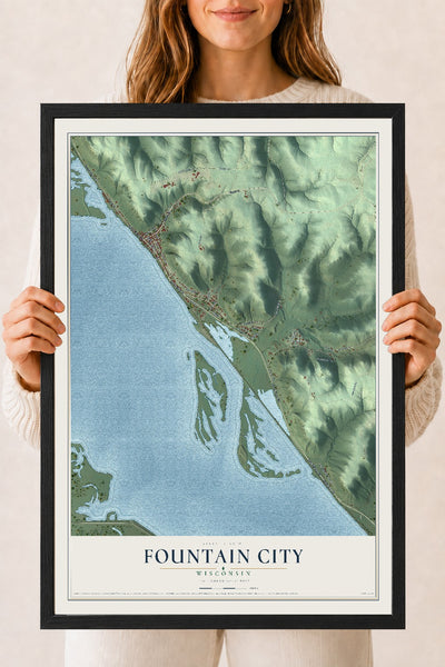 Map of Fountain City, Wisconsin, 18 x 24 inch print in a black wood frame