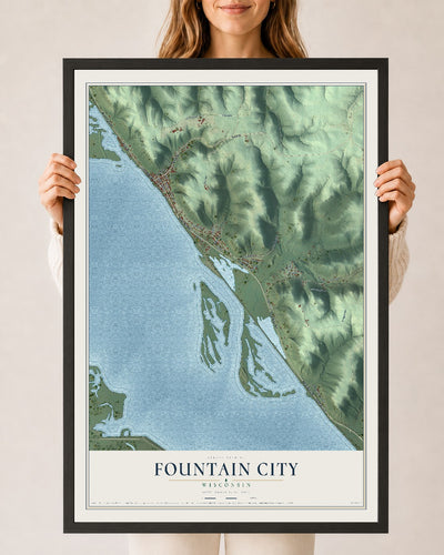 Map of Fountain City, Wisconsin, 24 x 36 inch print in a black wood frame