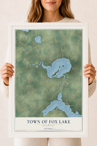 Map of the Town of Fox Lake, Wisconsin, 18 x 24 inch print in a white wood frame