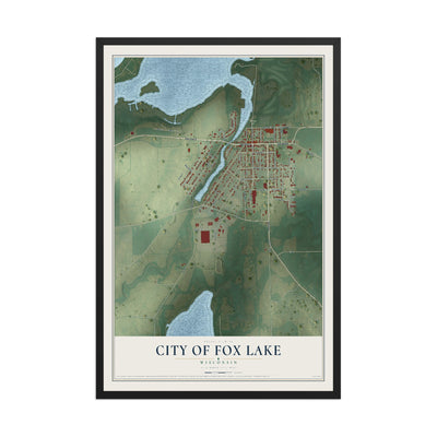 Map of Fox Lake, Wisconsin, 12 x 18 inch print in a black wood frame