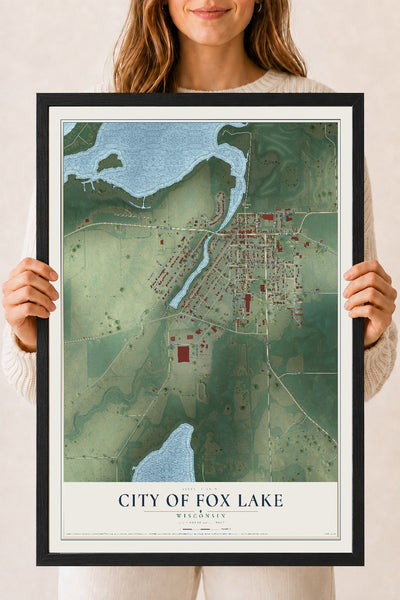 Map of Fox Lake, Wisconsin, 18 x 24 inch print in a black wood frame