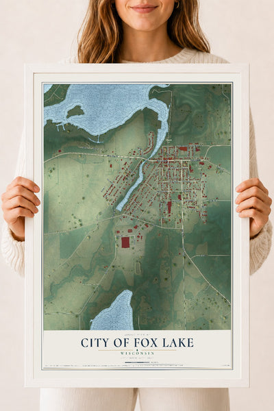 Map of Fox Lake, Wisconsin, 18 x 24 inch print in a white wood frame