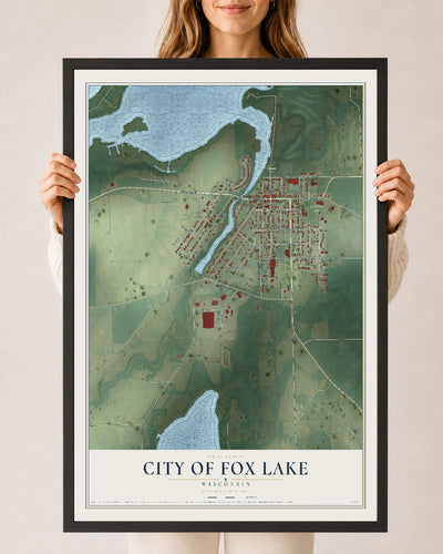 Map of Fox Lake, Wisconsin, 24 x 36 inch print in a black wood frame
