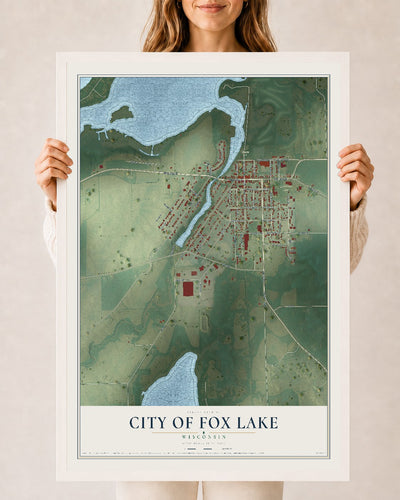 Map of Fox Lake, Wisconsin, 24 x 36 inch print in a white wood frame