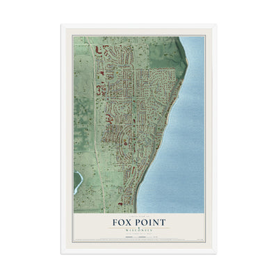 Map of Fox Point, Wisconsin, 12 x 18 inch print in a white wood frame