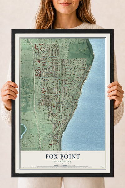 Map of Fox Point, Wisconsin, 18 x 24 inch print in a black wood frame