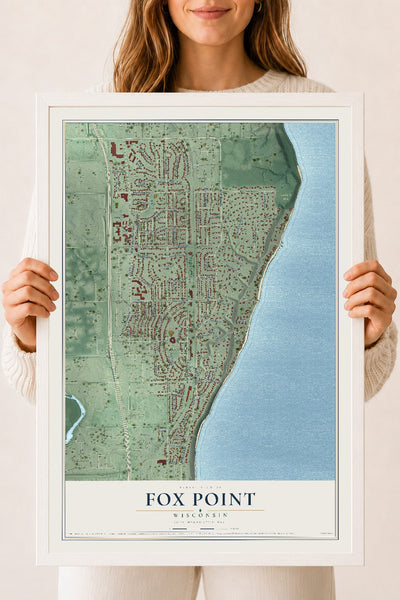 Map of Fox Point, Wisconsin, 18 x 24 inch print in a white wood frame