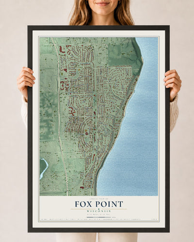 Map of Fox Point, Wisconsin, 24 x 36 inch print in a black wood frame