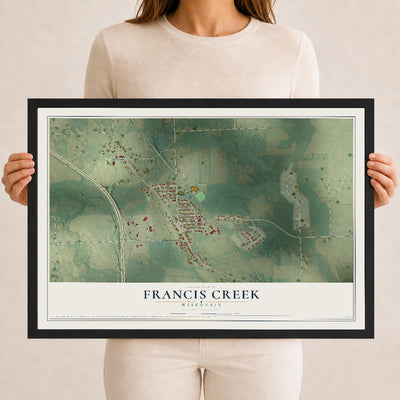 Map of Francis Creek, Wisconsin, 12 x 18 inch print in a black wood frame
