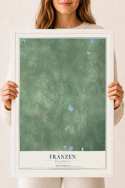 Map of Franzen, Wisconsin, 18 x 24 inch print in a white wood frame