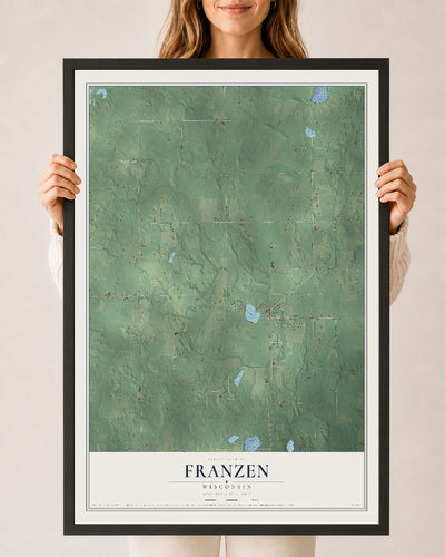 Map of Franzen, Wisconsin, 24 x 36 inch print in a black wood frame