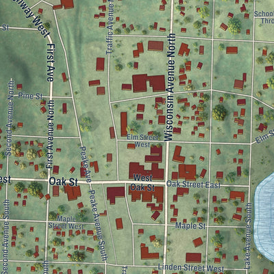 Close-up of the map of Frederic, Wisconsin print showing street and building detail