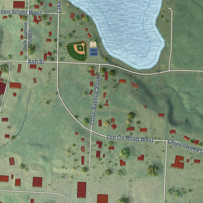 Second close-up of the map of Frederic, Wisconsin print showing more streets and buildings
