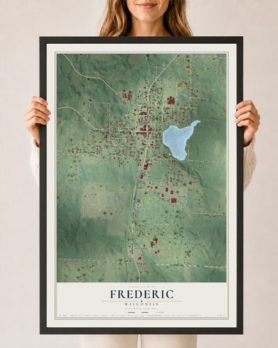 Map of Frederic, Wisconsin, 24 x 36 inch print in a black wood frame