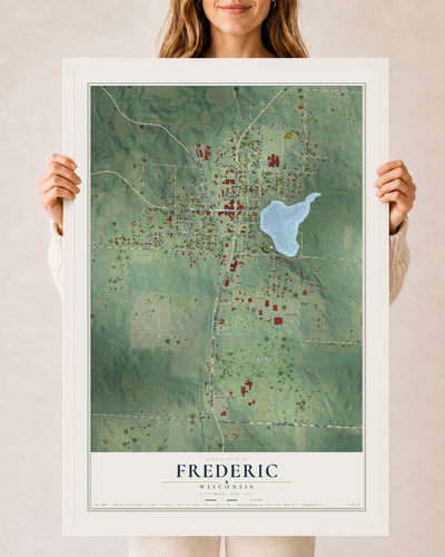 Map of Frederic, Wisconsin, 24 x 36 inch print in a white wood frame