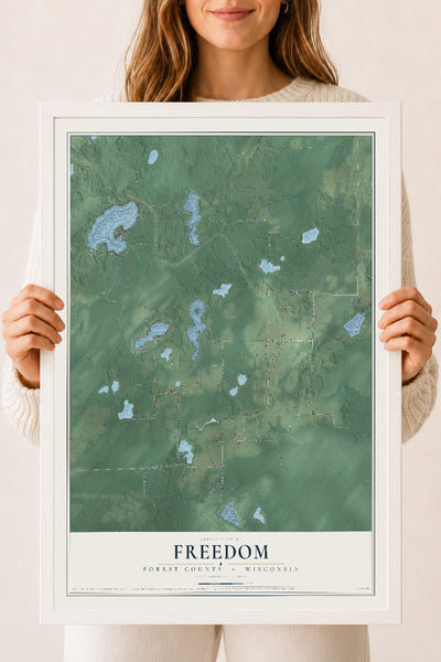 Map of Freedom, Forest County, Wisconsin, 18 x 24 inch print in a white wood frame