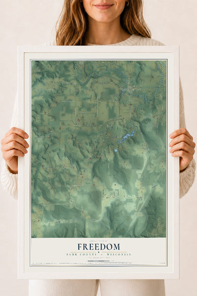 Map of Freedom, Sauk County, Wisconsin, 18 x 24 inch print in a white wood frame