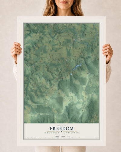 Map of Freedom, Sauk County, Wisconsin, 24 x 36 inch print in a white wood frame
