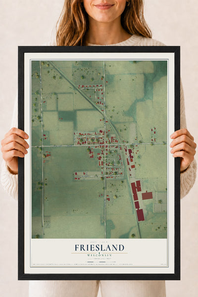 Map of Friesland, Wisconsin, 18 x 24 inch print in a black wood frame